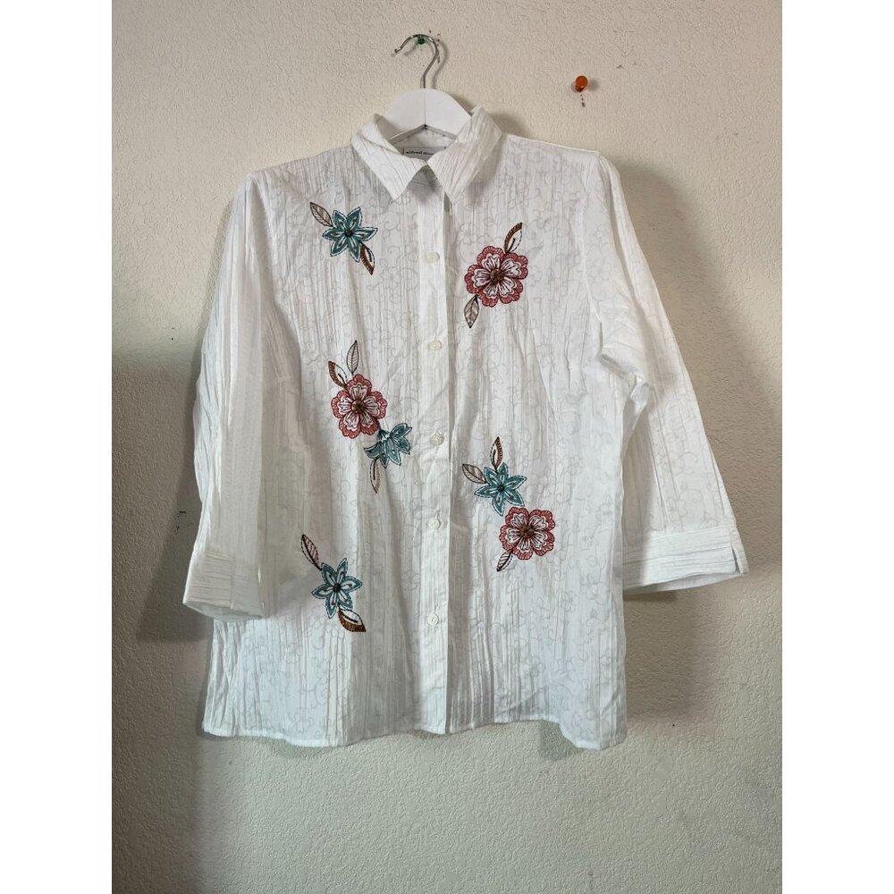 Alfred Dunner Womens Floral Embroidered White Button-Up Blouse Size 16 Casual